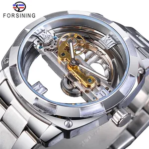 Forsining S1068 Men Transparent Design Mechanical Watch Automatic Silver Square Golden Gear Skeleton Stainless Steel Belts Clock