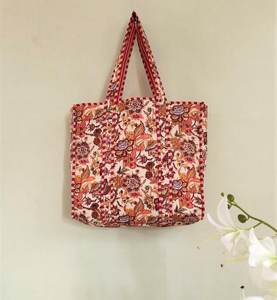 Bolso de Mano Acolchado de Algodón con Estampado Floral, Bolso de Hombro con Estampado Indio, Bolso de Compras y Viaje - Product Image 1