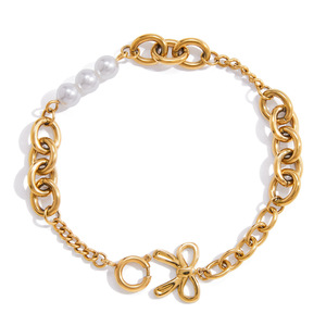 Pearl <b>Bow</b> Pendant Bracelet Gold Chain Women's Jewelry <b>Gift</b> Elegant Design Classic Style - Product Image 5