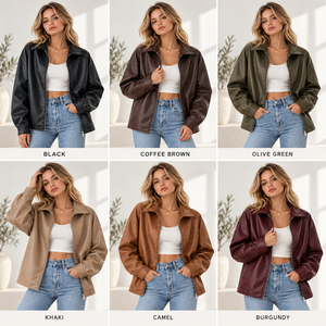 Chaqueta de cuero sintético oversize personalizada para mujer, con cuello vuelto, cremallera completa, manga larga, ajuste holgado, negra, estilo casual urbano, tipo moto. - Product Image 3