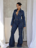 BR4872 Combinaison en jean slim à jambes évasées multi-poches, mode femme