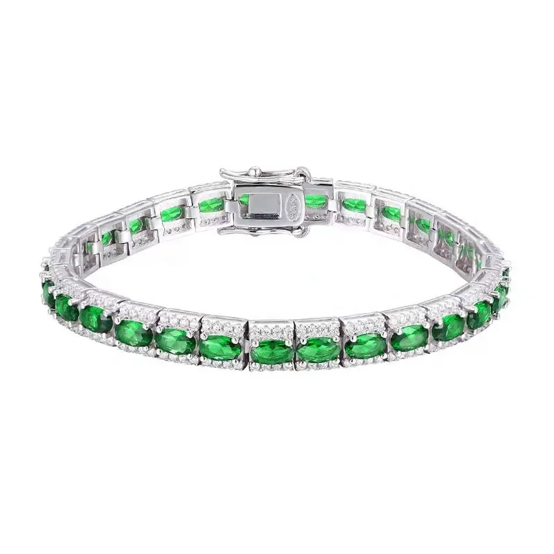Gioielli personalizzati di lusso bracciale con diamanti in cristallo con punta verde bracciale in argento sterling 925 a fila singola con trapano completo 3*5MM con zirconi