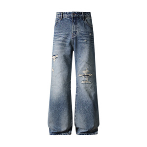 <span class=keywords><strong>Jeans</strong></span> da Uomo 100% Cotone Vintage a Vita Alta, Gamba Larga, Strappati, Effetto <span class=keywords><strong>Stone</strong></span> Washed, Distressed, Vestibilità Ampia, Stile Streetwear con Ricami - Product Image 1