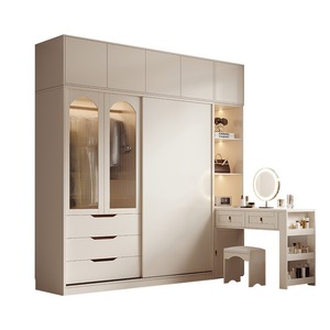 Cream Colored Solid Wood Wardrobe Modern Minimalist Style Storage Cabinet With <b>Desk</b> Integrated Bedroom Furniture - Product Image 4
