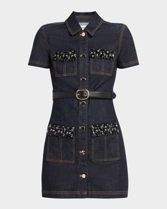 Robe <span class=keywords><strong>chemise</strong></span> <span class=keywords><strong>en</strong></span> <span class=keywords><strong>jean</strong></span> pour <span class=keywords><strong>femme</strong></span> avec poches à paillettes, manches courtes, boutonnée, mini-robe moulante avec ceinture - Product Image 5