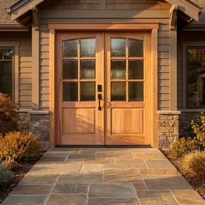 Portes d'entrée doubles en bois de teck massif et acajou avec dessus arqué en verre texturé pour l'entrée principale de la maison - Product Image 2