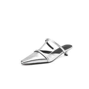 Chaussures décontractées en cuir pour femmes, couleur unie, bout pointu, style simple, pantoufles à talons hauts en peau de mouton à semelle souple - Product Image 2