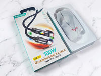 Kabel Pengisi Daya KAKUSIGA 100W Tipe-C ke Tipe-C, Lampu Berwarna & Desain Aluminium Alloy + Kepang untuk Ponsel & Tablet