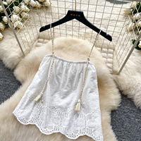 Ensemble deux pièces d'été pour femme, broderie ajourée, pompons, coquillages, taille haute, à volants, pour la plage et les vacances