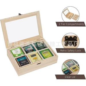 Caja de almacenamiento de té de madera con tapa transparente, compartimentos de 2 niveles, cerradura de seguridad retro para organización de bolsitas de té - Product Image 1