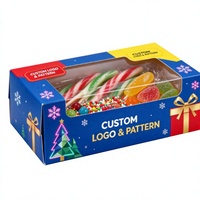 Boîte cadeau de Noël bleue et rouge personnalisée avec fenêtre de présentation et impression d'arbre de Noël pour les cadeaux d'entreprise
