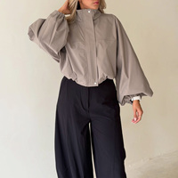Blouson bomber coupe courte personnalisé pour femme, coupe oversize, col montant, manches ballon, fermeture éclair, uni, décontracté, streetwear, vêtement d'extérieur
