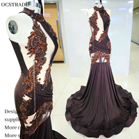 Robe de soirée sirène élégante Ocstrade, ornée de strass marron et de pompons, cousue main, pour femme