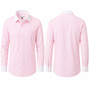 Chemises habillées en coton pour hommes, fines rayures, col contrastant, manches longues, poignets mousquetaires, chemise de bureau formelle, logo personnalisé - Product Image 2