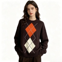 Pull en maille Argyle effet cachemire pour femme, col rond ample, personnalisable ODM, chaud et doux, idéal pour l'hiver, le quotidien et le bureau