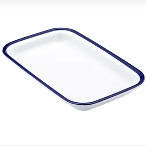 OEM big jumbo large 32.5 blue colored decorative enamel metal tea serving cooking dinner butcher tray