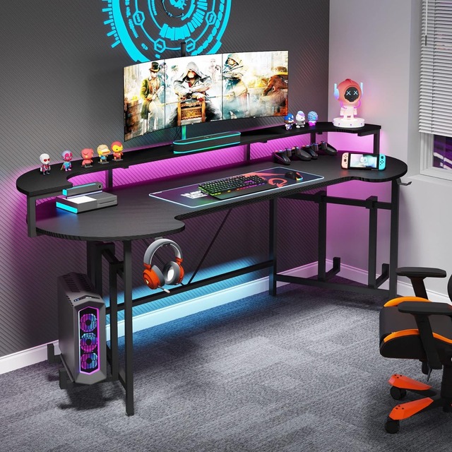 Factory Wholesale 75 "game Table With Monitor Stand, Large PC Table With LED Lights, Home Office, Black