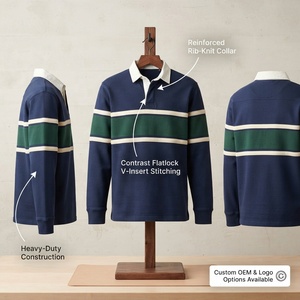 เสื้อโปโลแขนยาวลายทางผ้าฝ้ายสำหรับผู้ชาย คอเสื้อเสริมความแข็งแรง ตะเข็บแบบ Flatlock สไตล์ Preppy เสื้อรักบี้ถัก - Product Image 1