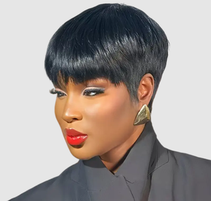 Perruque brésilienne courte coupée, sans colle, en <span class=keywords><strong>cheveux</strong></span> Remy, fabriquée à la machine, avec frange droite, pré-épilée, prête à porter, qualité salon, couleur 1B blond noir, douce - Product Image 4