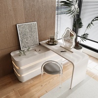 Ensemble coiffeuse moderne en bois massif avec miroir LED, coins arrondis personnalisés, 6 tiroirs, bande lumineuse intégrée, multi-usages