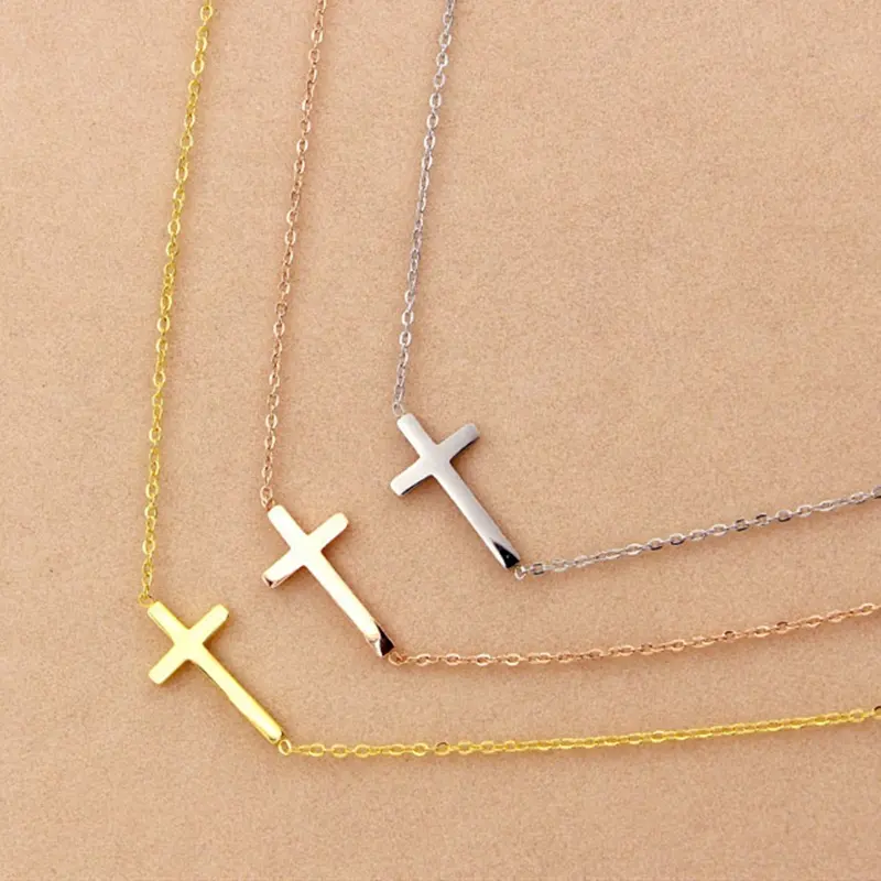 Wholesale Custom Fashion Non Tarnish Jewelry Simple 18K Gold Plated Small Sideways Cross Pendant Stainless Steel Cross Necklace