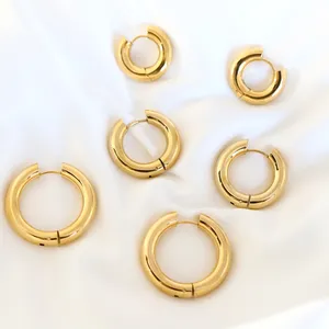High End Polished 18k Gold Plated Stainless Steel 5mm Chunky Solied Line Gold earring hoop brinco