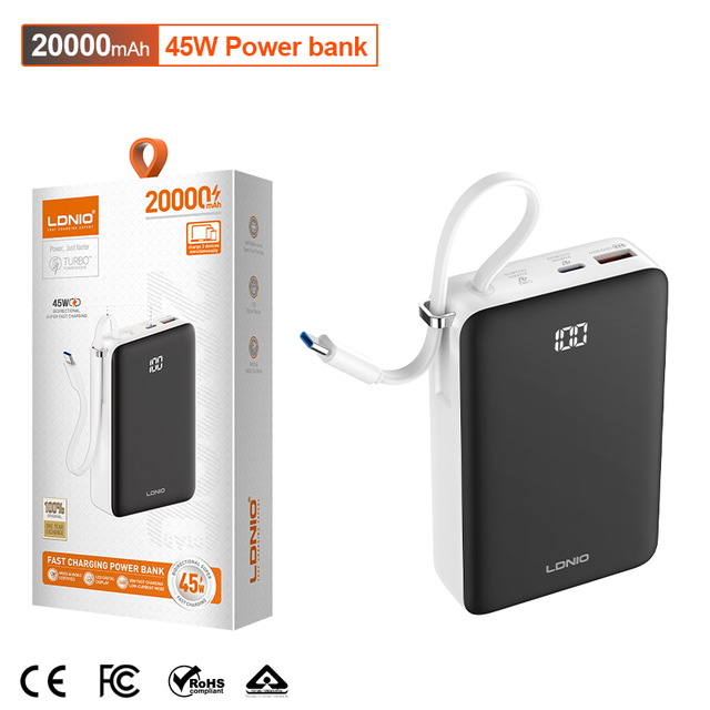 Ldnio PQ49 20000mAh 45W Power Bank Built-in Bidirectional USB-C Cable Outdoor Fast Charging Portable Charger Power Bank