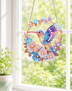 Kit de Peinture Diamant Créatif DIY à Succès : Attrape-Soleil Couronne d'oiseaux Colibris en Cristal Irrégulier à Suspendre à la Fenêtre - Product Image 1