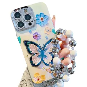 2024 Blue Light Dot Diamond Oil Painting Butterfly Portable Phone Case 14 For 13 12 11 Protective Case For IPhone15proma
