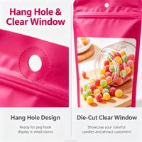 Sachet d'emballage alimentaire personnalisé imprimé avec fermeture éclair, fenêtre transparente et trou de suspension pour bonbons