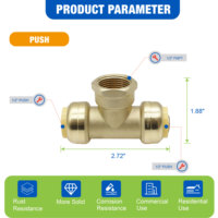 Raccord en T à emboîtement rapide en laiton à faible teneur en plomb KING SMART, certifié NSF UPC, 1/2 Push*1/2 Push*1/2 FNPT pour eau potable chaude et froide