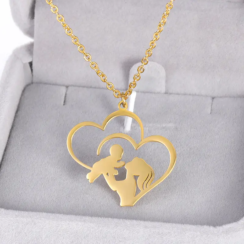New Mother's Day Necklace Mom Kids Heart Hollowed Out Stainless Steel Necklace Heart Pendant Mother's Day Gift Necklace