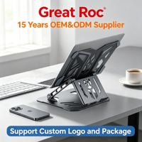 Support d'ordinateur portable creux et ventilé, réglable en hauteur et en angle, 2-en-1 avec support de téléphone détachable pour ordinateur portable de 10 à 17 pouces