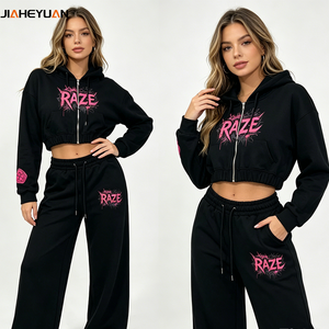 <strong>Women's</strong> Garment Washed Heat Transfer Heavyweight Cotton Terry Cropped Zip <strong>Hoodie</strong> &amp; Wide Leg Pants Two Piece Y2K Streetwear Set - Product Image 4