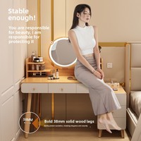 Table de toilette Japandi en MDF écologique avec miroir de maquillage éclairé par LED et armoire latérale intégrée, bureau multifonctionnel pour chambre à coucher