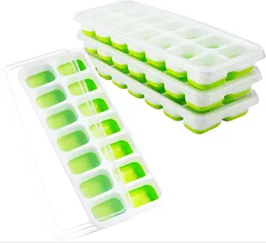 Dễ dàng phát hành 14-Ice Silicone Ice Cube khay với nắp có thể tháo rời, LFGB chứng nhận BPA Free Ice khay với bao gồm