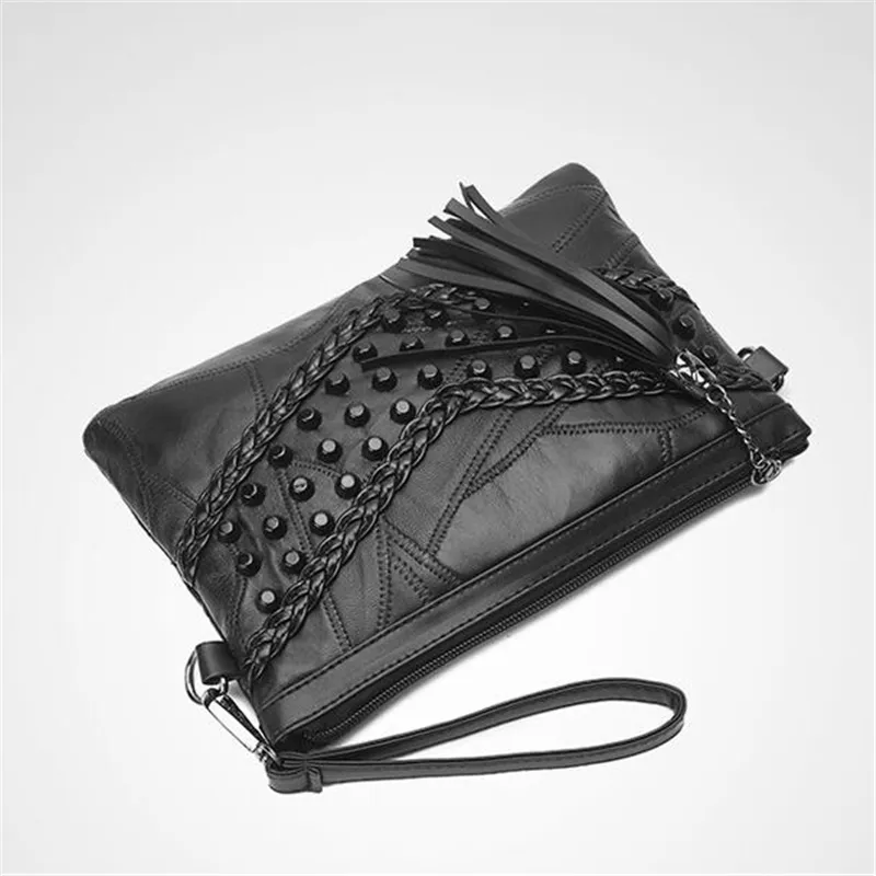 Retro Klinknagel Envelop Schoudertassen Voor Vrouwen Kleine Messenger Bag Pu Leather Lady Bag Black Purse