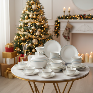 Elegant Blue & Gold Bone China Coupe <b>Dinnerware</b> Set 50-Piece Europe Style Wedding Tableware for 8 People Wave Design Gold Trim - Product Image 1