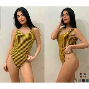 Costume da bagno intero HDJ a righe giallo e nero, contenitivo, taglie forti, da donna, sgambato, scollo rotondo, in spandex e poliestere - Product Image 2