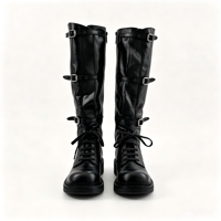Bottes de combat montantes noires en cuir de vachette souple pour femme avec boucles multi-métalliques et lacets, talon bloc épais - Automne/Hiver, faible MOQ