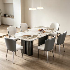 Ensemble de table à manger rectangulaire moderne en marbre avec 6 chaises en cuir PU, design minimaliste, meubles pour la maison - Product Image 2