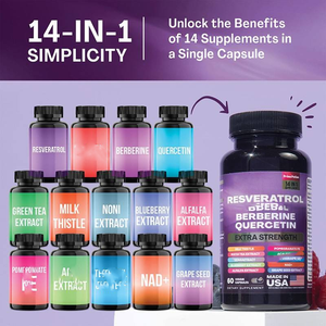 Suplemen Resveratrol, mengandung NAD, Berberine, dan Quercetin, 14-in-1 suplemen Herbal, kapsul Resveratrol - Product Image 4