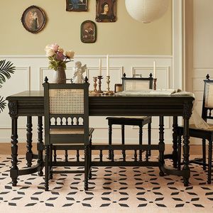 French <b>Retro</b> Solid Wood Rectangular <b>Dining</b> <b>Table</b> Black Carved Design Modern Minimalist Style Stable Structure For Home Use - Product Image 4