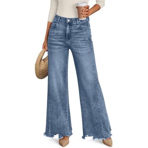 Jean large pour femme, taille haute, en denim extensible, avec ourlet brut, style ample pour un look décontracté - Product Image 1