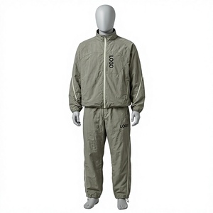 Survêtement vert olive pour homme, manches longues, fermeture éclair, col montant, coupe-vent, polyester, style sportif, vêtement d'automne, couleur unie, poches latérales - Product Image 1