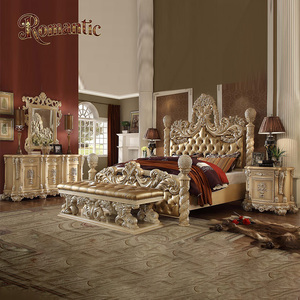 Ensemble de meubles de chambre à coucher en bois massif antique de haute qualité, lit en cuir classique royal européen, personnalisation personnalisée - Product Image 1