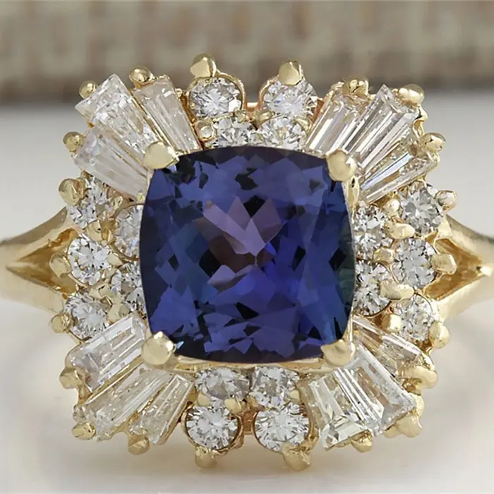 Luxury Yellow Gold Color Flower Design Crystal Rings for Women Wedding Jewelry Large Dark Blue Square Ring Bague