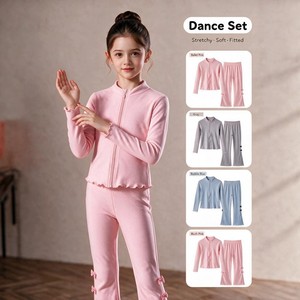 Girls Dance Fleece Set 2 Piece Workout Suit <b>Zip</b> <b>up</b> <b>Jacket</b> and Flare Pants for Yoga Training Fitdance D8055 - Product Image 2