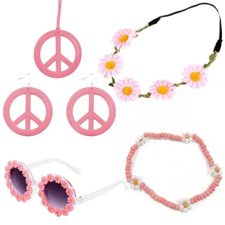 5 pezzi Set di accessori per costumi Hippie Boho Peace Sign Daisy Flower anni '60 anni '70 decorazioni per feste per ragazze alla moda H0763