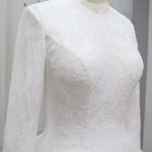 فستان زفاف إسلامي أنيق بياقة عالية من الدانتيل الفرنسي، فستان سهرة طويل وفستان حفلات - Product Image 3